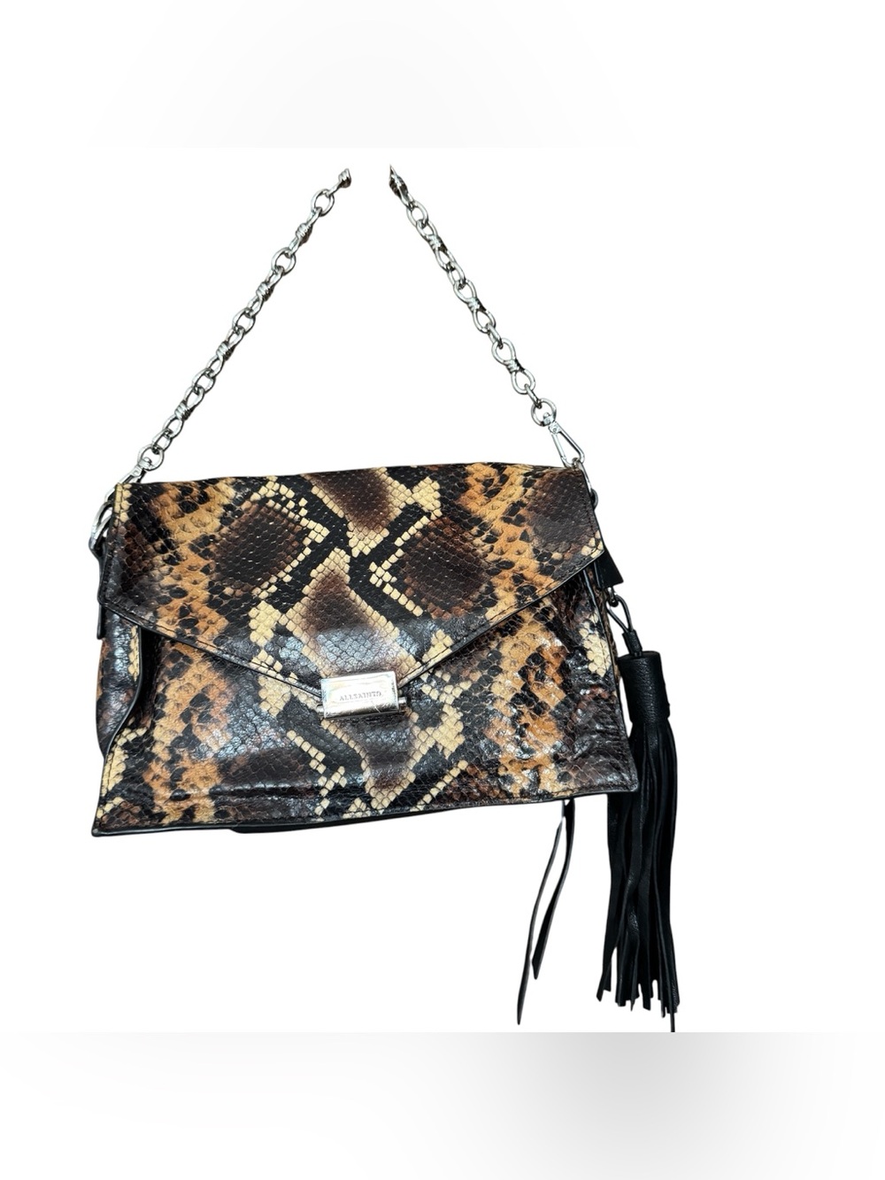 All Saints Miki Sliver Snakeskin-Print Shoulder Bag with Chain Strap